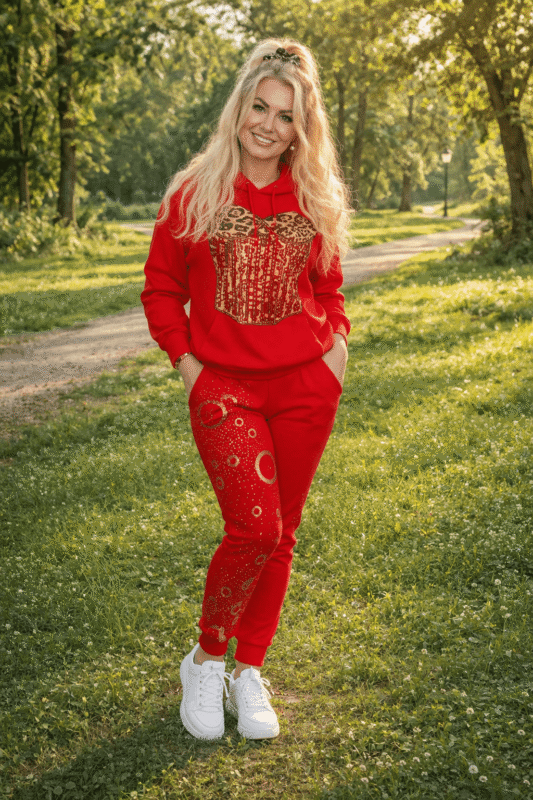 Damski dres bawełniany z ozdobnym nadrukiem – komplet bluza i spodnie