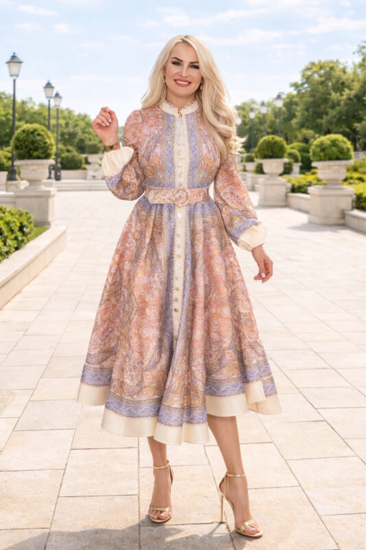 Elegancka sukienka midi vintage z paskiem – włoska jakość, guziki cyrkoniowe, styl boho chic