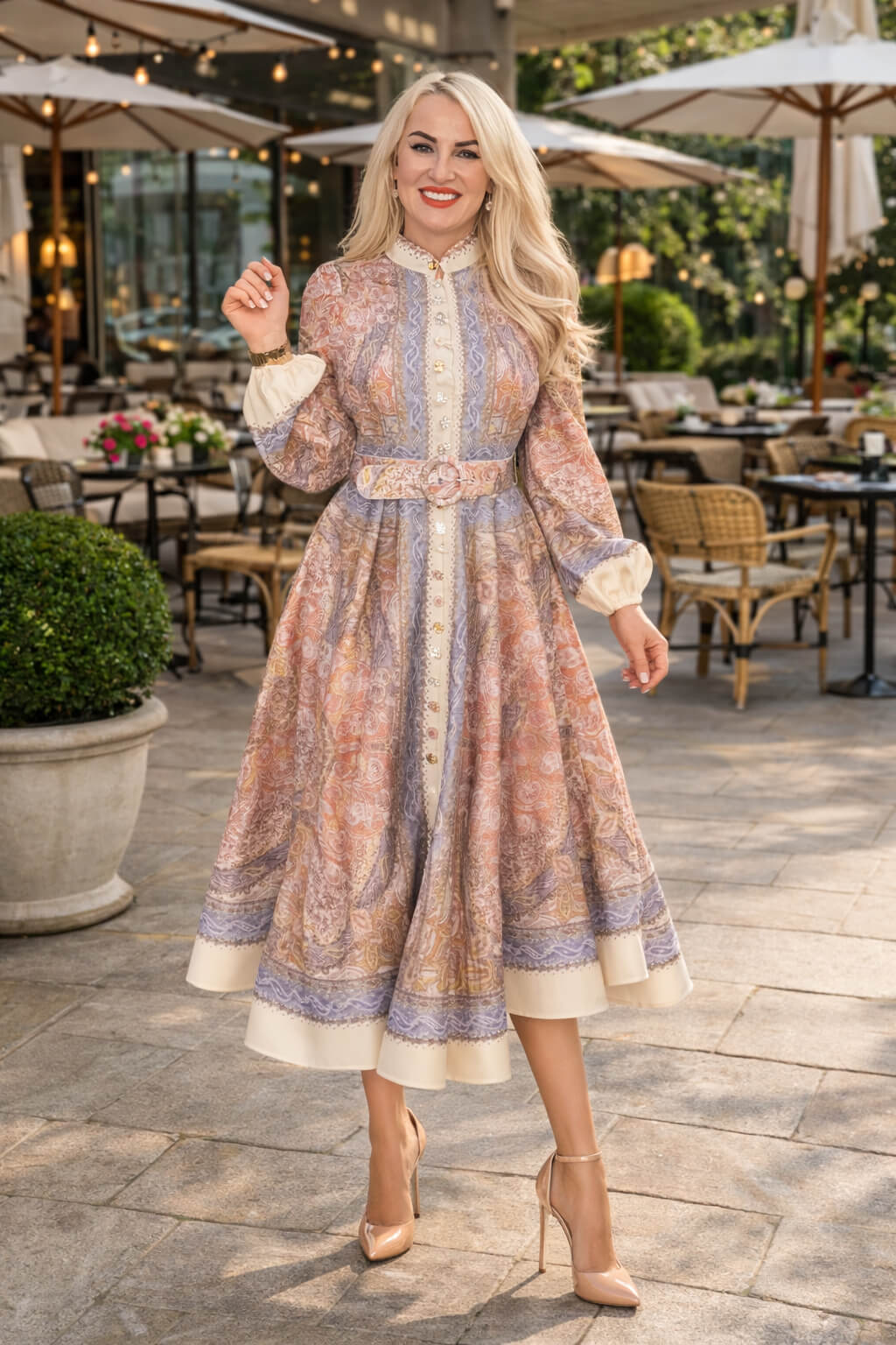 Elegancka sukienka midi w pastelowy wzór, rozkloszowana z paskiem w talii i długim rękawem – kobieca, lekka i idealna na wyjątkowe okazje.