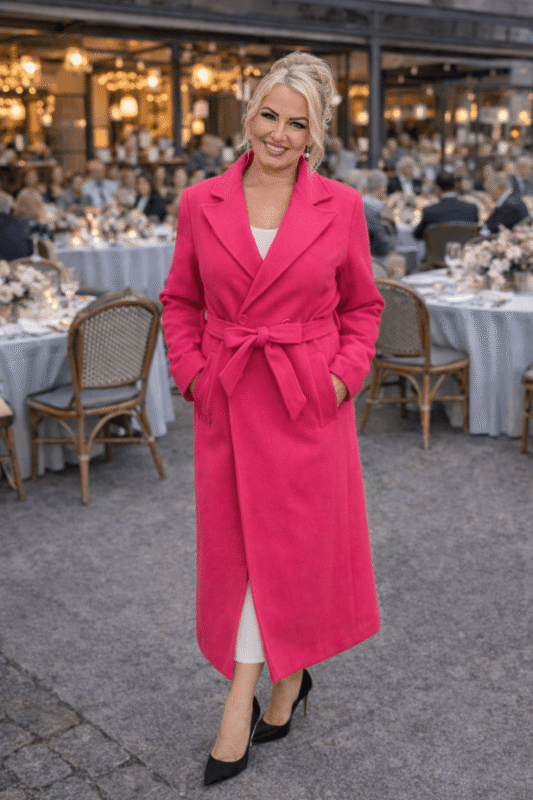 Elegancki płaszcz damski włoski wiązany w pasie – miękki, długi, klasyczny