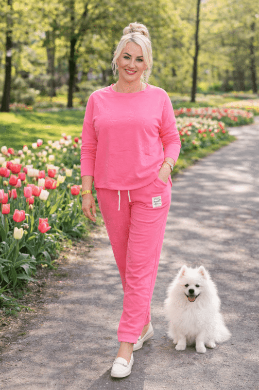 Komplet dresowy damski różowy bawełniany bluza spodnie