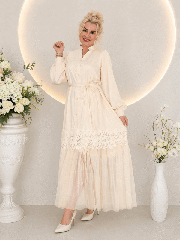 Elegancka Sukienka Midi Kremowa Deluxe z Haftem i Tiulowym dołem