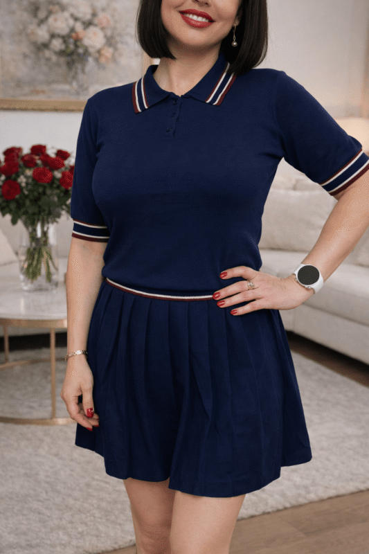 Komplet damski plisowana spódniczka i sweterek z kołnierzykiem – elegancki zestaw sportowa elegancja