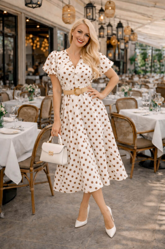 Sukienka midi w grochy 100% bawełna – włoska sukienka letnia z paskiem