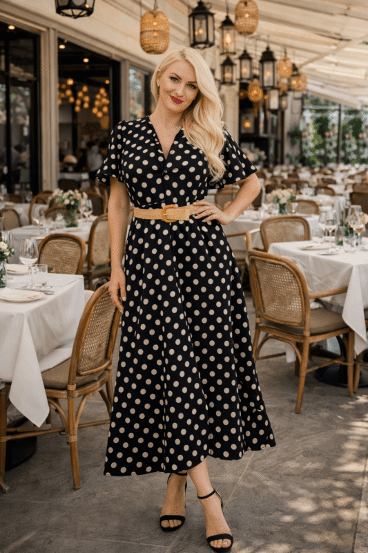 Czarna sukienka w grochy maxi 100% bawełna włoska – lekka, przewiewna, falbaniaste rękawy