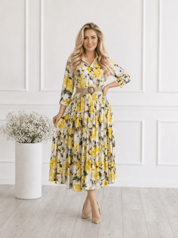 Sukienka wiosna-lato damska midi w kwiaty żółta elegancka z paskiem