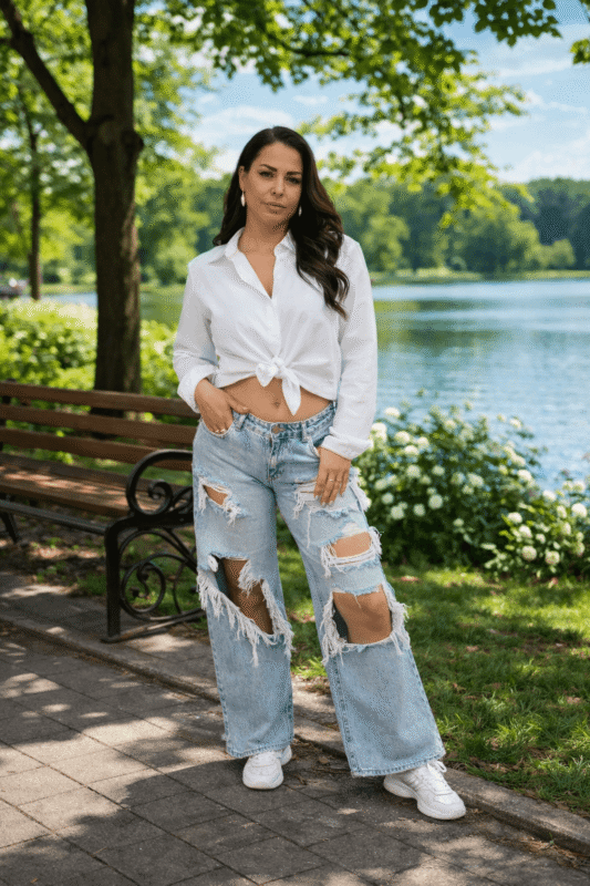 Szerokie Jeansy Damskie z Dziurami  100% Bawełna