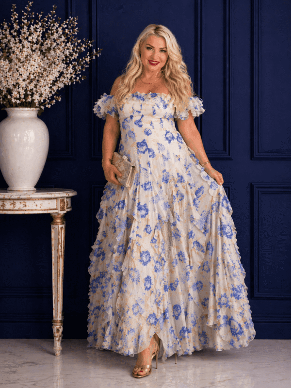 Falbaniasta sukienka hiszpanka długa fioletowo-biała – elegancka na wesele i przyjęcia