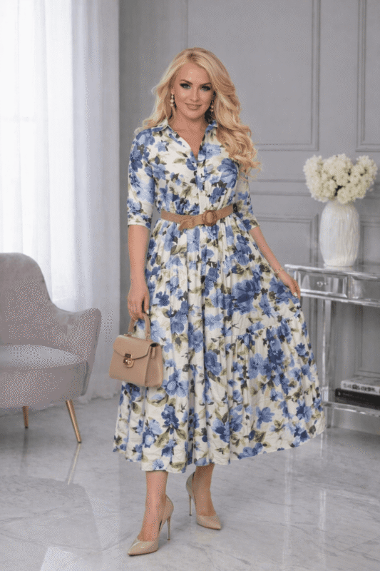 Elegancka sukienka długa w kwiaty wiosna lato z paskiem