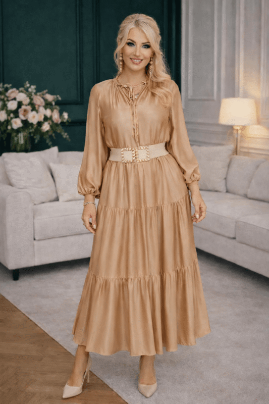 Elegancka sukienka maxi z falbanami – jedwabna wiskoza, luźny krój, rękaw regulowany
