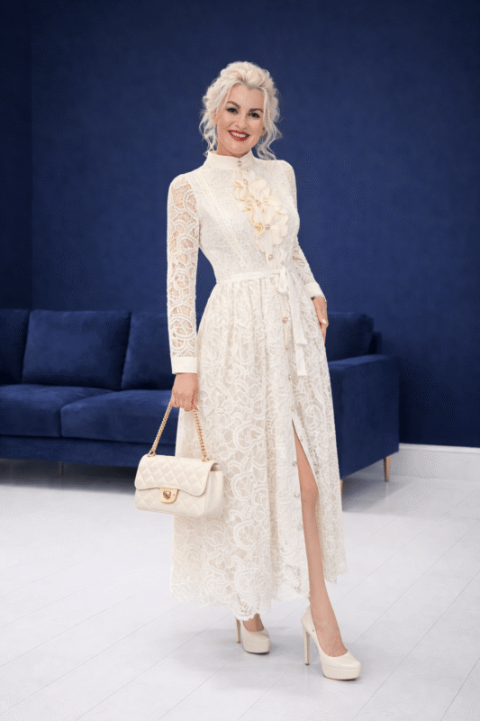 Modna Sukienka Koronkowa Kremowa – Komunia, Chrzciny, Wiosna/Lato