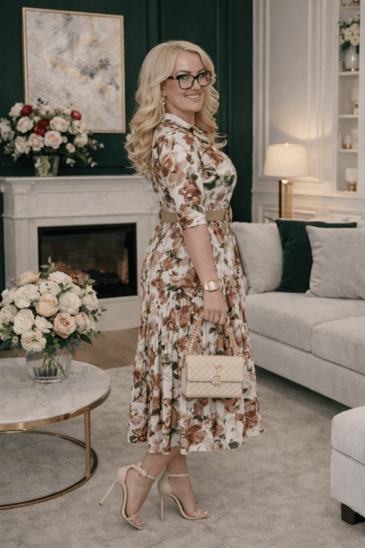 Sukienka koszulowa w kwiaty z paskiem – lekka letnia sukienka midi z falbaną