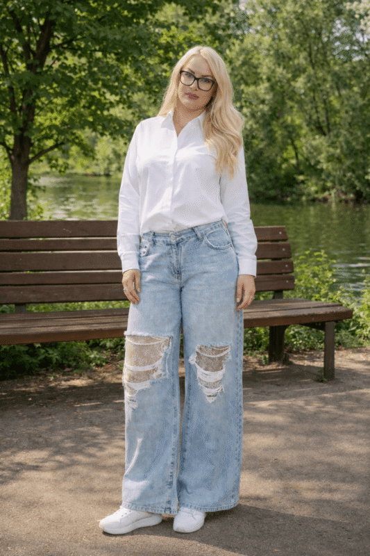 Szerokie jeansy damskie z dziurami i koronką  100% bawełna