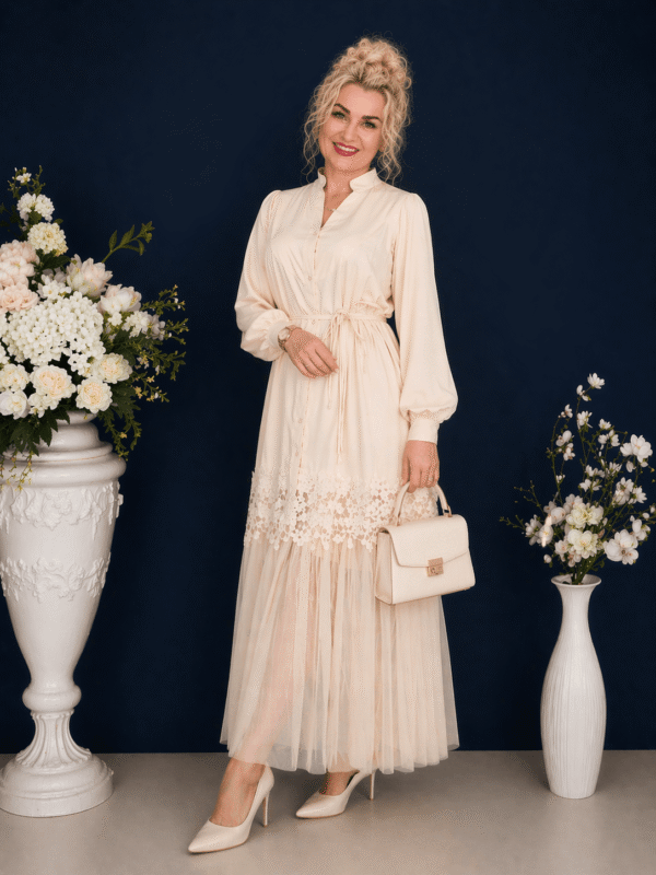 Sukienka długa kremowa elegancka – koronka, tiul, na komunię