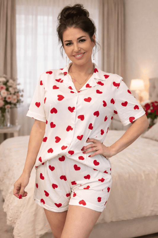 Damska piżama bawełniana w serduszka – biała, dwuczęściowa, koszula na guziki + krótkie spodenki