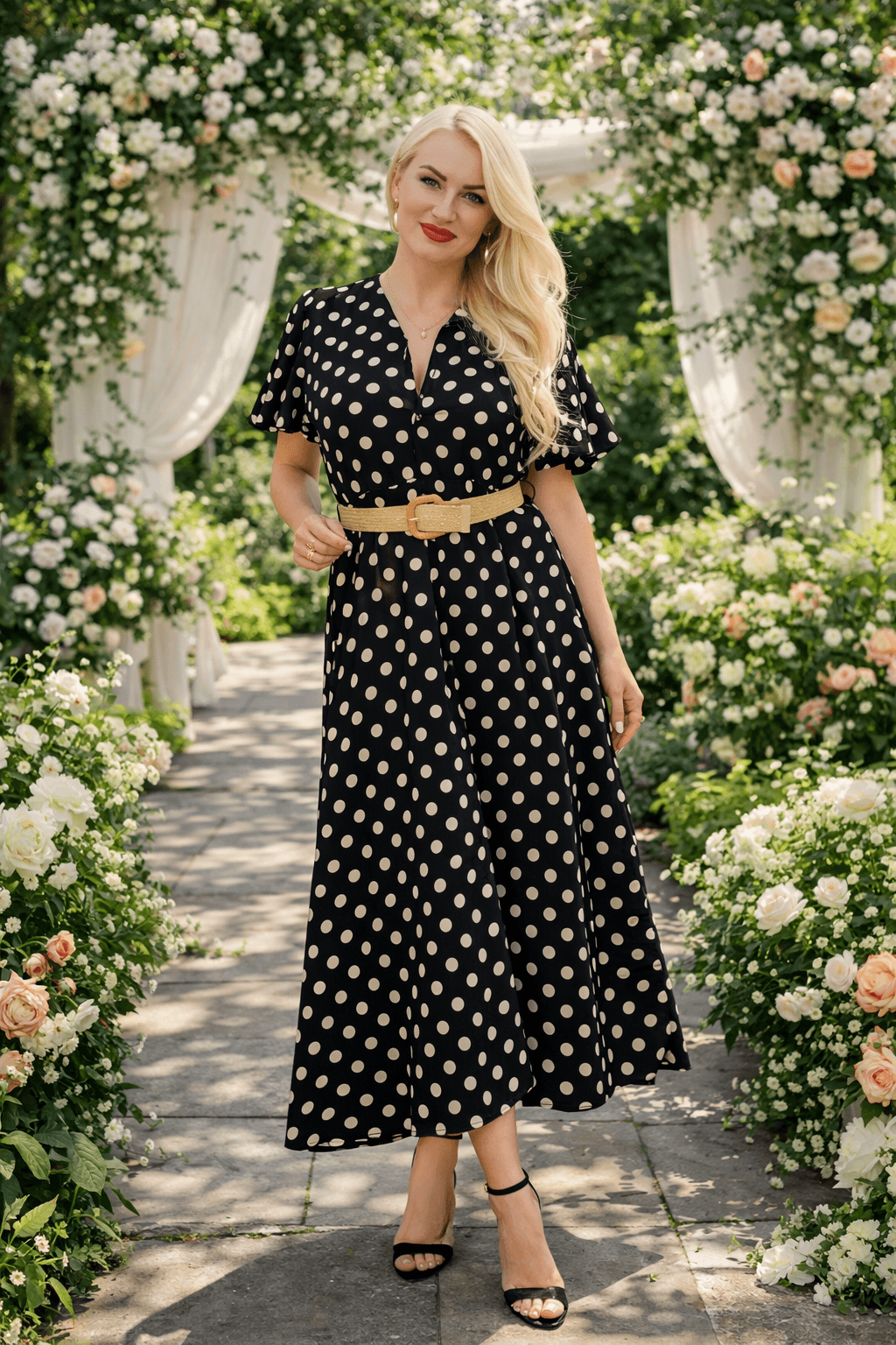 Czarna sukienka w grochy maxi 100% bawełna włoska – lekka, przewiewna, falbaniaste rękawy - obrazek 3