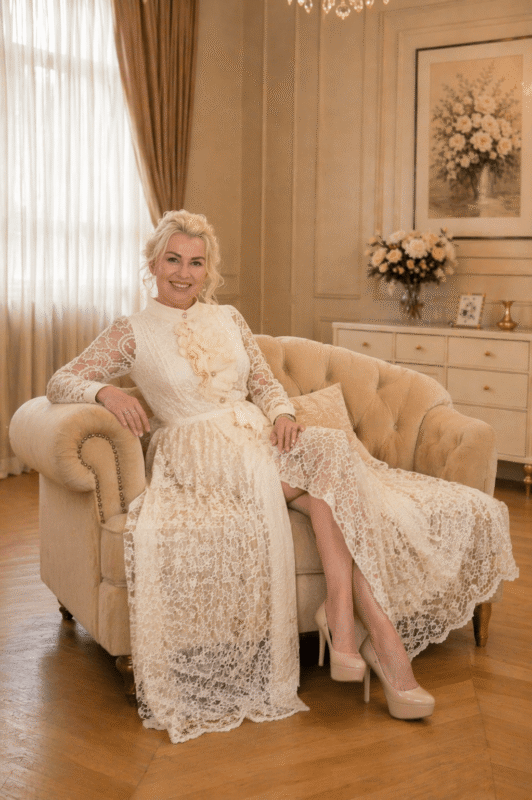 Sukienka koronkowa haftowana – pastelowy beż, elegancka midi z falbaną (limitowana kolekcja)