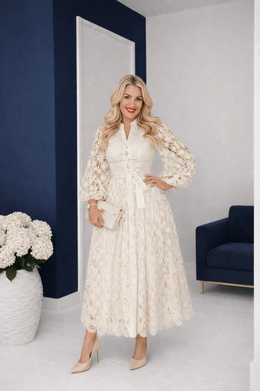 Koronkowa sukienka długa kremowa na komunię, wesele i przyjęcie