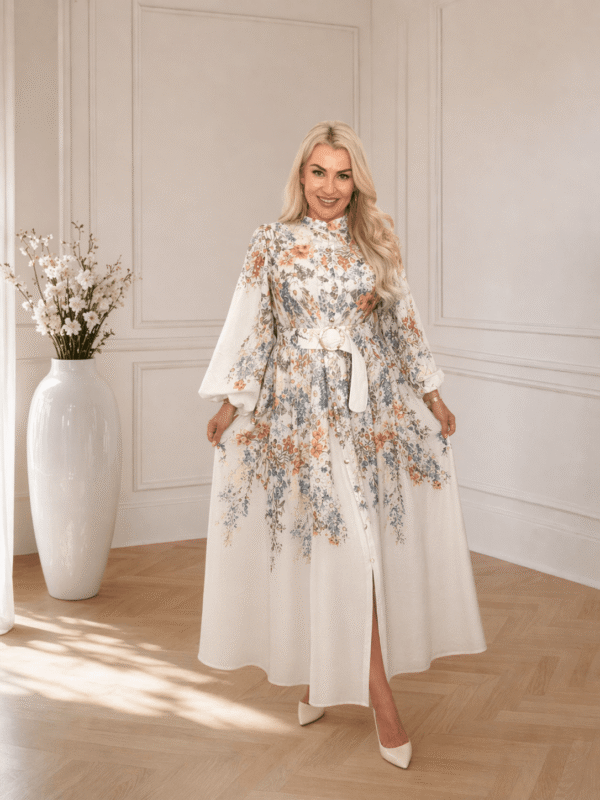 Długa sukienka w kwiaty maxi z paskiem – elegancka sukienka damska na każdą okazję