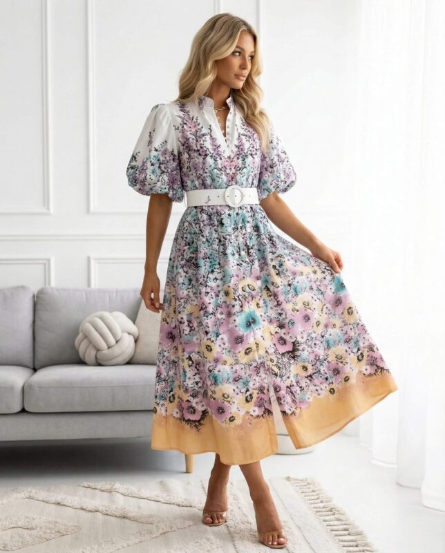 Sukienka boho midi w kwiaty z paskiem – wiosna/lato